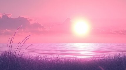 Aufkleber - A serene sunset over calm waters, with pink hues and gentle grass in the foreground.