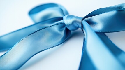 Wall Mural - close-up of a blue satin ribbon tied in a bow on a white surface