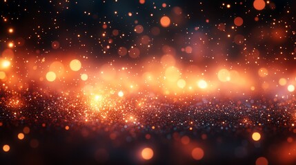 Wall Mural - Glowing particles, festive sparkle, magical atmosphere, dark background. Warm bokeh lights abstract.