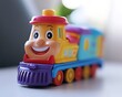 © Momina - Colorful plastic toy train with a smiling face placed on a white surface