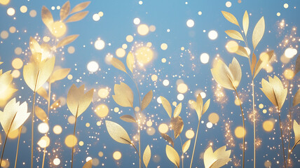 Aesthetic gold shiny leaf in blue sky, magical background