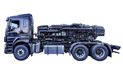 Poster - A side view of a black truck chassis showcasing its mechanical components.