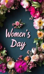 Wall Mural - A beautiful floral arrangement with pink flowers and pink letters that say Women's Day. The flowers are arranged in a circular pattern and the letters are written in pink