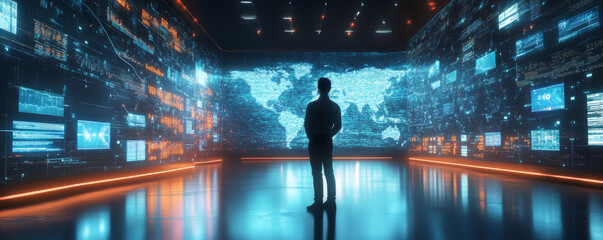 Wall Mural - person stands in futuristic room, surrounded by glowing digital screens displaying data and world ma