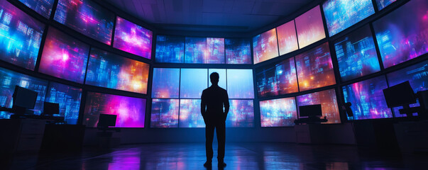 Wall Mural - futuristic room with man silhouette, glowing digital screens, vibrant colors, technology, data visua