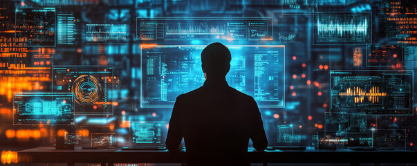Wall Mural - mans silhouette in tech room surrounded by vibrant digital screens, showcasing data analysis and fut