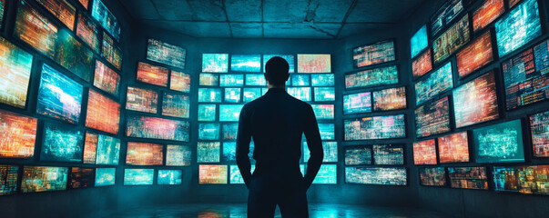Wall Mural - man stands in dark room surrounded by luminous screens displaying vibrant data and graphics, creatin