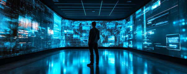 Wall Mural - person stands in futuristic room filled with glowing blue data displays, creating high tech atmosphe