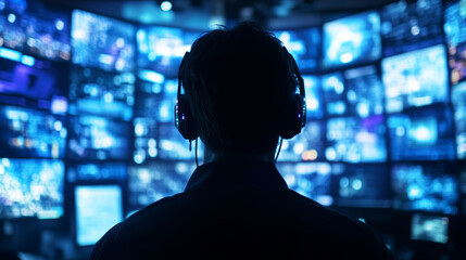 Poster - silhouette of man wearing headphones, immersed in glowing screens, surrounded by digital displays. s