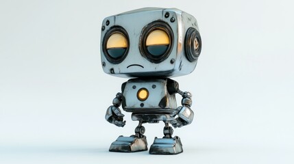 Poster - A small, cartoonish robot with a metallic finish and expressive eyes stands in a neutral pose.