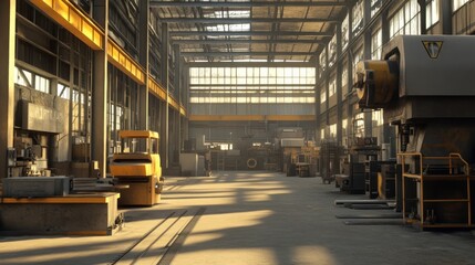 Aufkleber - A spacious industrial workshop with machinery and equipment, illuminated by natural light.