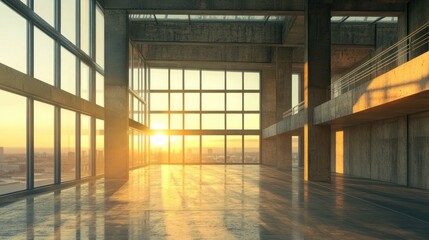 Aufkleber - A spacious, modern interior with large windows showcasing a sunset view.