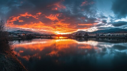 Aufkleber - A stunning sunset over a calm river, reflecting vibrant colors and serene landscapes.