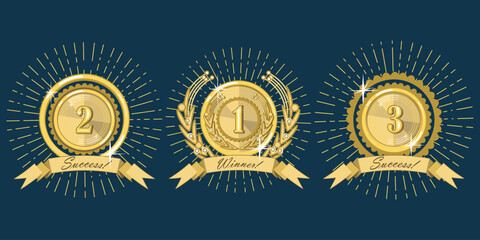 Three gold medals with numbers 1, 2 and 3, and ribbons with inscriptions and diverging rays. Dark blue background. Vector set