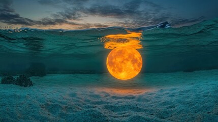 Aufkleber - A surreal underwater scene featuring a glowing moon above a sandy ocean floor.