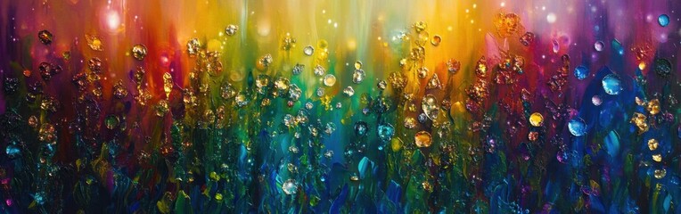 Poster - Vibrant garden with striking bokeh effect showcasing colorful droplets at dusk