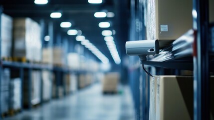 Fototapete - A surveillance camera in a warehouse aisle, monitoring inventory and ensuring security.