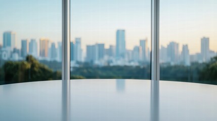 Fototapete - Empty meeting room table overlooking a modern cityscape through panoramic windows