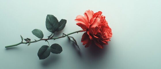 Wall Mural - a single red rose lying on a light blue background