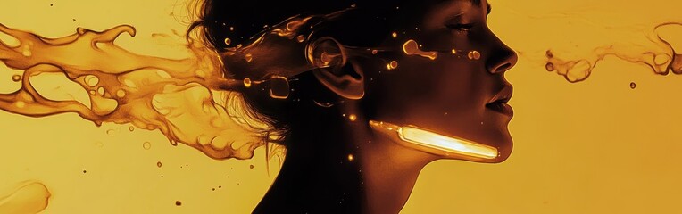 Aufkleber - Surreal representation of a model's face immersed in vibrant orange liquid, creating an abstract visual experience