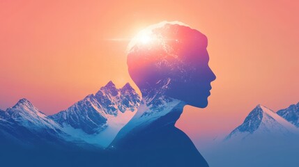 Aufkleber - Man's profile glowing with radiant light against a majestic mountain range during a serene sunset