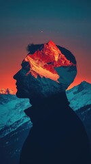 Aufkleber - Radiant reflection of a man's profile merging with a glowing mountain landscape at sunset