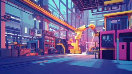 Poster - A vibrant industrial scene featuring robotic arms and machinery in a modern factory setting.