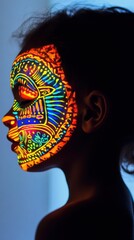 Aufkleber - Mystical glowing child with vibrant face art in an enchanting indoor setting during dusk