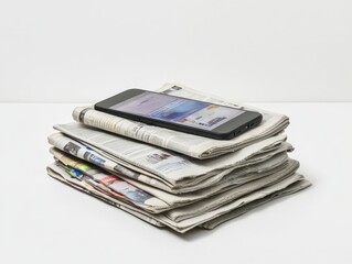 A smartphone sits on top of a pile of newspapers.