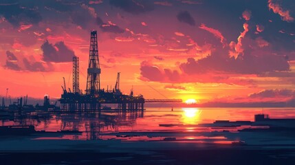 Aufkleber - A vibrant sunset over an oil rig, reflecting on calm waters, showcasing industrial beauty.