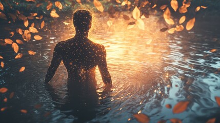 Aufkleber - Glowing figure in serene water surrounded by floating leaves at twilight in a tranquil natural setting