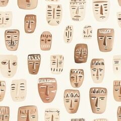 Poster - Calming watercolor doodle of abstract faces in earthy tones on a light background