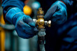 © Creative mind - A skilled technician wearing blue gloves adjusts a brass valve in an industrial setting. Concept of precision and expertise in mechanical engineering and maintenance.