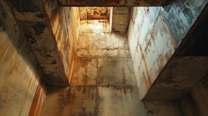 Poster - A view of a weathered, industrial space with rusted walls and a shaft of light.