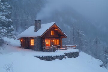 Wall Mural - cozy winter cabin nestled in snow-covered pine forest with warm glowing windows and smoke rising from stone chimney