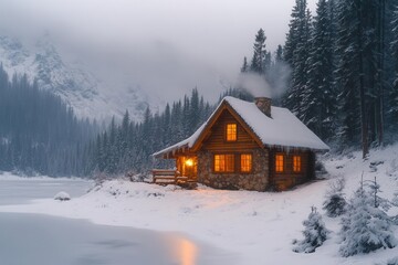 Wall Mural - cozy winter cabin nestled in snow-covered pine forest with warm glowing windows and smoke rising from stone chimney