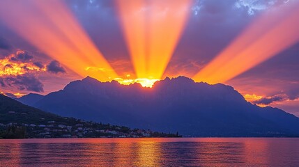 Wall Mural - Dramatic sunset over mountains and lake, vibrant sun rays piercing clouds.