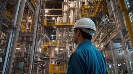 Poster - A worker in a safety helmet observes machinery in an industrial facility.