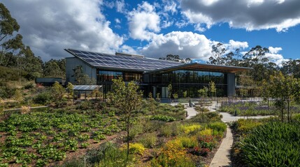 Wall Mural - Modern sustainable office building with solar panels and landscaped garden.