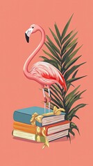 Sticker - Flamingo perched atop a stack of books with tropical leaves