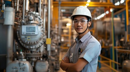 A young engineer poses confidently in an industrial setting with machinery in the background.