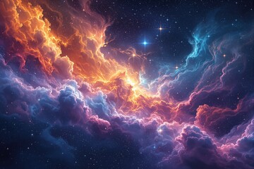 Wall Mural - A cosmic nebula with colorful glowing clouds of orange, blue, and pink hues, set against a star-filled deep space background. Concept of space beauty. Ai generative