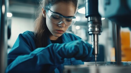 Aufkleber - A young woman working with machinery in a workshop, demonstrating engineering skills.