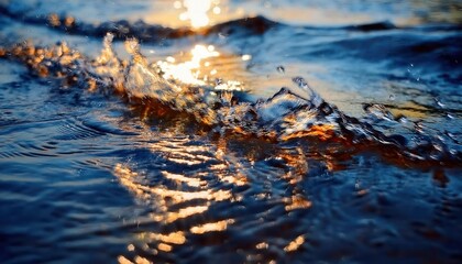 Poster - Close-up of sunlit water ripples and splashing waves at sunset with golden reflections and shimmering textures, ideal for nature themes