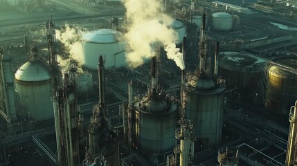 Aufkleber - Aerial view of industrial facility with smoke emissions from storage tanks and towers.