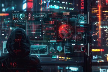 hacker in a dark room using a futuristic computer interface