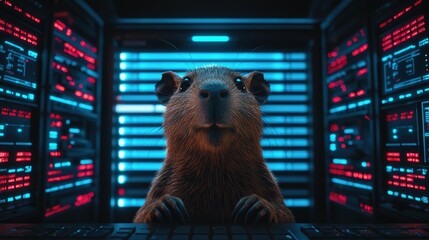 Wall Mural - capybara sitting at a computer keyboard in a server room with glowing screens.