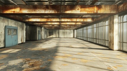 Poster - An empty, industrial-style room with rusty metal beams and large windows letting in light.