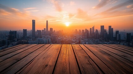 Sticker - Empty wooden platform overlooking a cityscape at sunset.