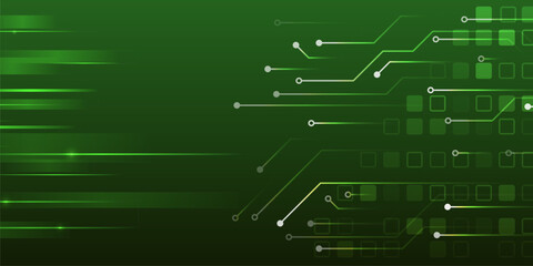 Abstract green futuristic background consisting of printed circuit board squares and other technological elements. Digital communication, data protection, high tech presentation, science cover.